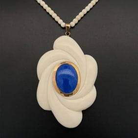 14k Gold Bone and Lapis Pendant Necklace