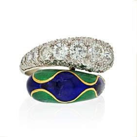 18k White Gold Green Enamel Diamond Bypass Ring
