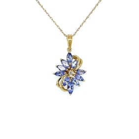 14k Gold Tanzanite and Diamond Cluster Pendant Necklace