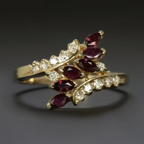14k Gold Ruby and Diamond Vintage Bypass Cocktail Ring