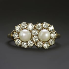 Edwardian 14k Gold Pearl and Old Mine Cut Diamond Toi et Moi Ring