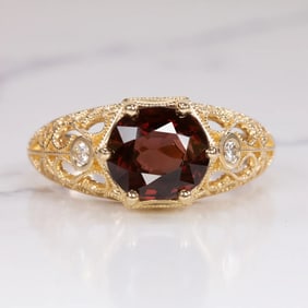 14k Gold Red Spinel and Diamond Vintage Filigree Ring