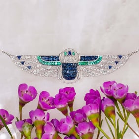 14k White Gold Art Deco Diamond Sapphire Emerald Scarab Pendant Necklace