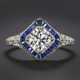 14k White Gold GIA Diamond and Sapphire Art Deco Engagement Ring