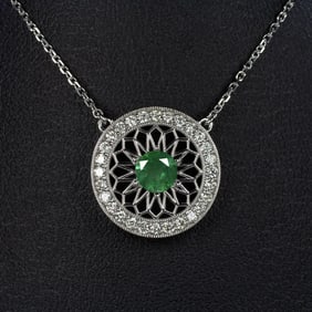 14k White Gold Emerald and Diamond Art Deco Filigree Halo Pendant Necklace