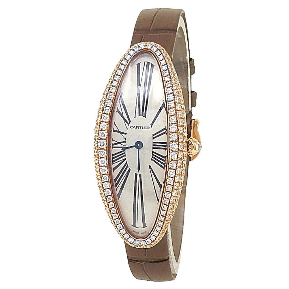 Cartier 18k Rose Gold Diamond Baignoire Watch Box & Papers: Pre-owned Cartier Baignoire Allongée ladies watch in 18k rose gold with diamond bezel and silver dial, offered with original box and card and powered by a manual movement. - Crafted in solid 18k rose