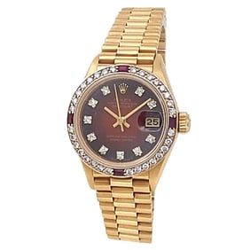 Rolex Datejust 18k Yellow Gold Diamond Ruby Red Vignette Ladies Watch