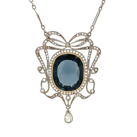 Edwardian Platinum Blue Spinel Diamond Necklace