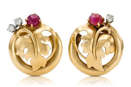 1940s Seaman Schepps 14k Ruby Diamond Pin