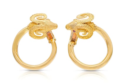 1960s Lalaounis 18k Gold Ruby Goat Hoop Earrings