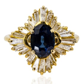 18k Gold Sapphire Baguette Diamond Ring