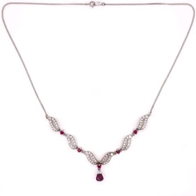 1950s 18/14k White Gold Ruby Diamond Necklace