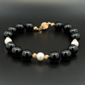 14k Gold Onyx & Pearl Bead Bracelet 8in 20g