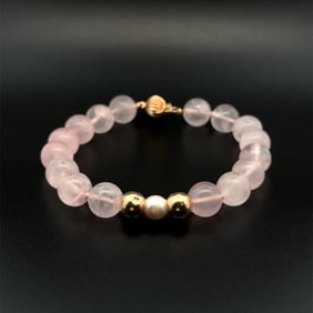 14k Gold Rose Quartz & Pearl Bracelet 8in 25g