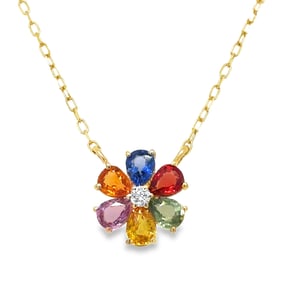 14k Gold Multi Sapphire Diamond Flower Pendant