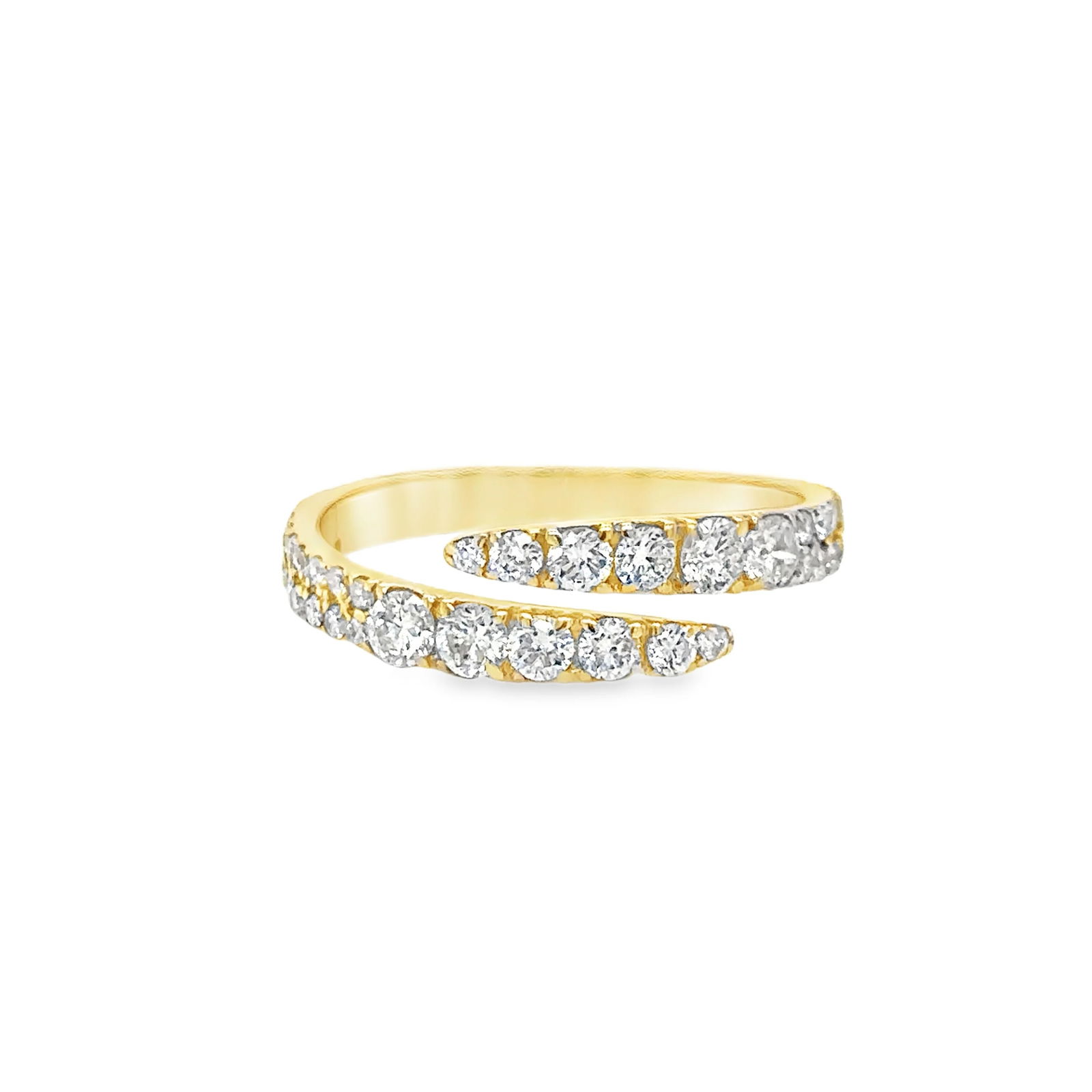 14k Yellow Gold Diamond Bypass Ring: Modern 14k yellow gold open bypass ring set with 48 round diamonds totaling 0.85 carats. - Crafted in 14k yellow gold, approx. 1.76 grams - Features 48 round brilliant cut diamonds, approx. 0.85 carat