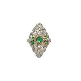 Art Deco Style 18k WG Emerald Diamond Ring