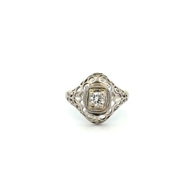 Art Deco 14k WG Diamond Filigree Dome Ring
