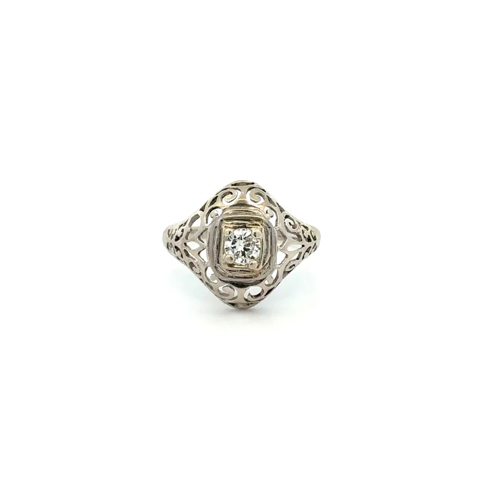 Art Deco 14k WG Diamond Filigree Dome Ring (1 of 4)