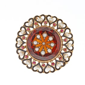 Victorian 18k Gold Citrine Ruby Pearl Brooch