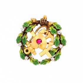 Victorian 18k Enamel Laurel Leaf Pin
