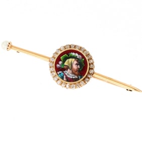 Victorian 14k Enamel Diamond Pearl Bar Pin