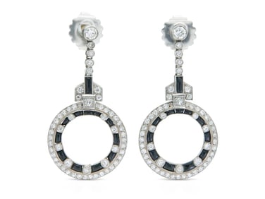 Art Deco Platinum Onyx Diamond Earrings