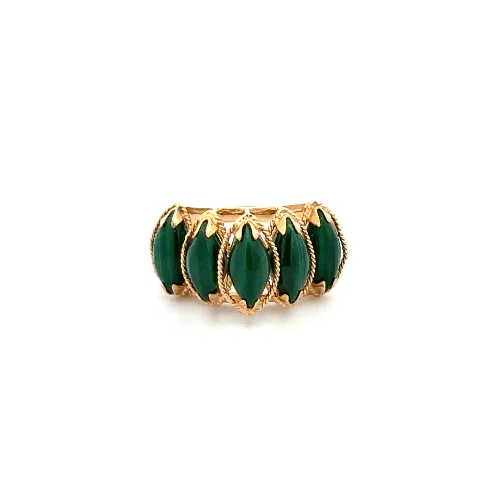 1960s 14k Gold Malachite Step Ring: 1960s step-down ring in 14k yellow gold featuring five marquise-shaped malachite stones, a sleek Mid-Century design with geometric appeal. - Five marquise-cut malachite stones - 14k yellow gold, weigh
