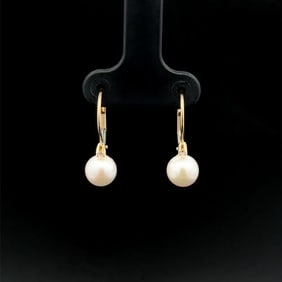 14k Gold Pearl Diamond Leverback Earrings