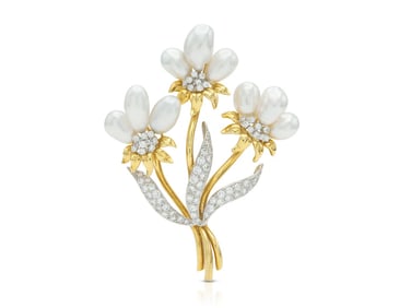 1980s Trio 18k Pearl Diamond Floral Brooch