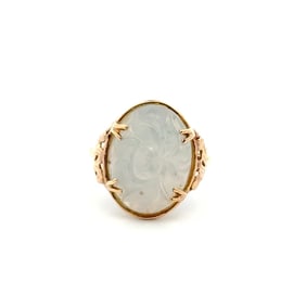 14k Gold Carved White Jade Ring