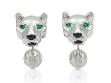 Cartier 18k WG Emerald Onyx Panthere Cufflinks