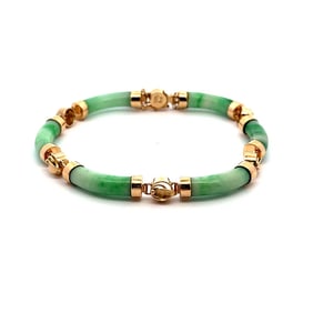 14k Gold Green Jadeite Tube Link Bracelet