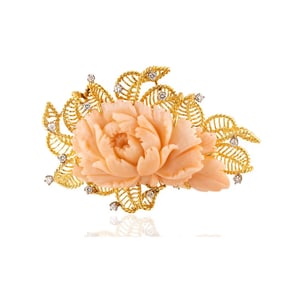 18k Gold Angel Skin Coral Diamond Brooch