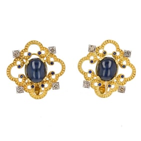 18k Gold Star Sapphire Diamond Earrings