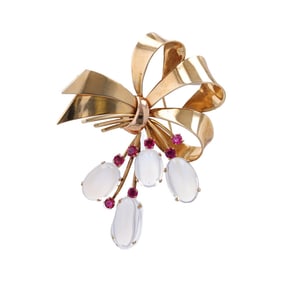 1940s Tiffany & Co. 14k Moonstone Ruby Pin Brooch