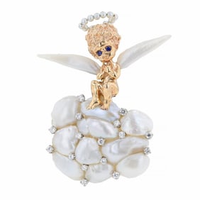 Ruser Baroque Pearl Diamond Angel Brooch