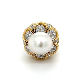 18k Gold Buccellati Style Pearl Diamond Ring