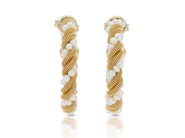 Italian 14k Gold Pearl Twist Hoop Earrings