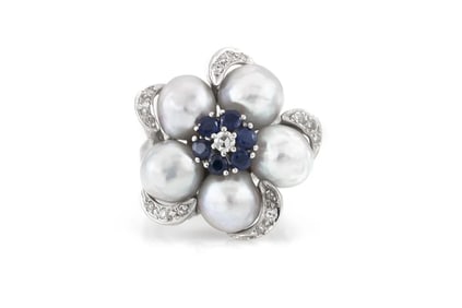 1950s 14k WG Grey Pearl Sapphire Diamond Ring