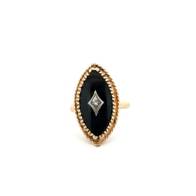 Victorian 14k Gold Onyx Diamond Navette Ring
