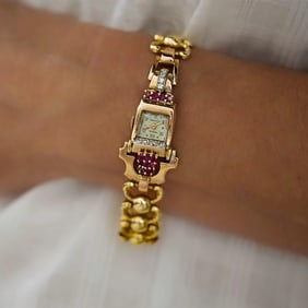 Mid-Century 14k Gold Ruby Diamond Wristwatch