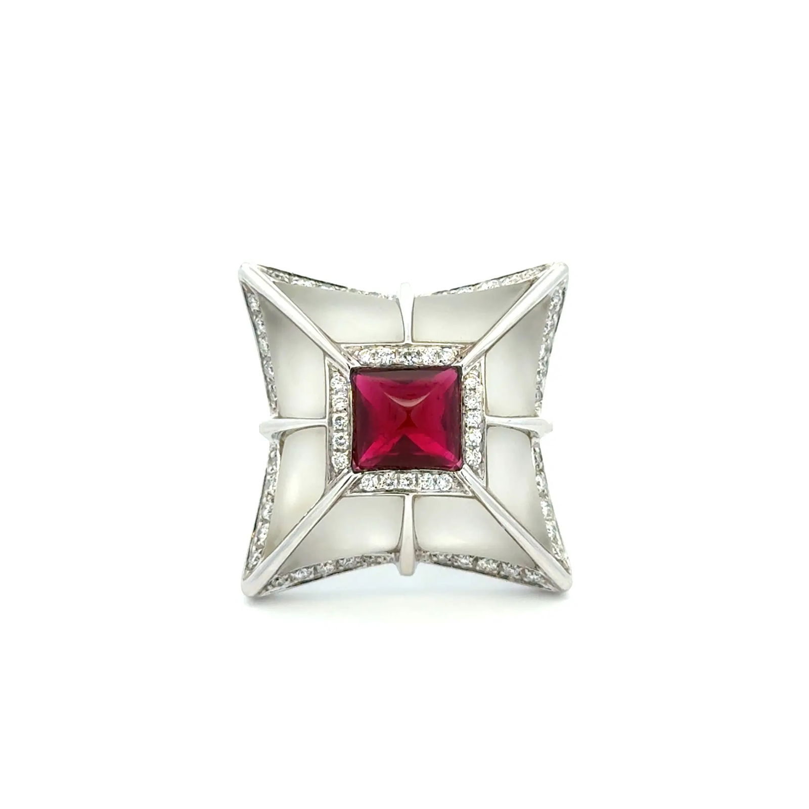 Italian 18k WG Rubellite Diamond Brooch: Italian modern brooch crafted in 18k white gold featuring a 3.00ct rubellite center accented by 1.00ctw round brilliant cut diamonds and carved rock crystal, a bold contemporary statement piece. - Cen