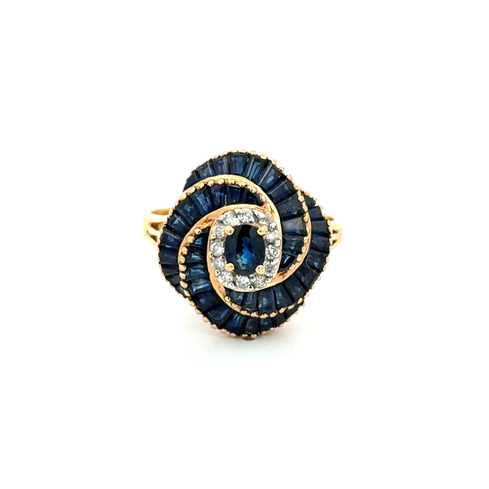LeVian 18k Gold Sapphire Diamond Ring: LeVian 18k yellow gold swirl dome ring set with approximately 2.25ctw of sapphires and 0.24ctw of diamonds, a bold designer statement with sculptural form. - Sapphires approx. 2.25 total carats - Diam