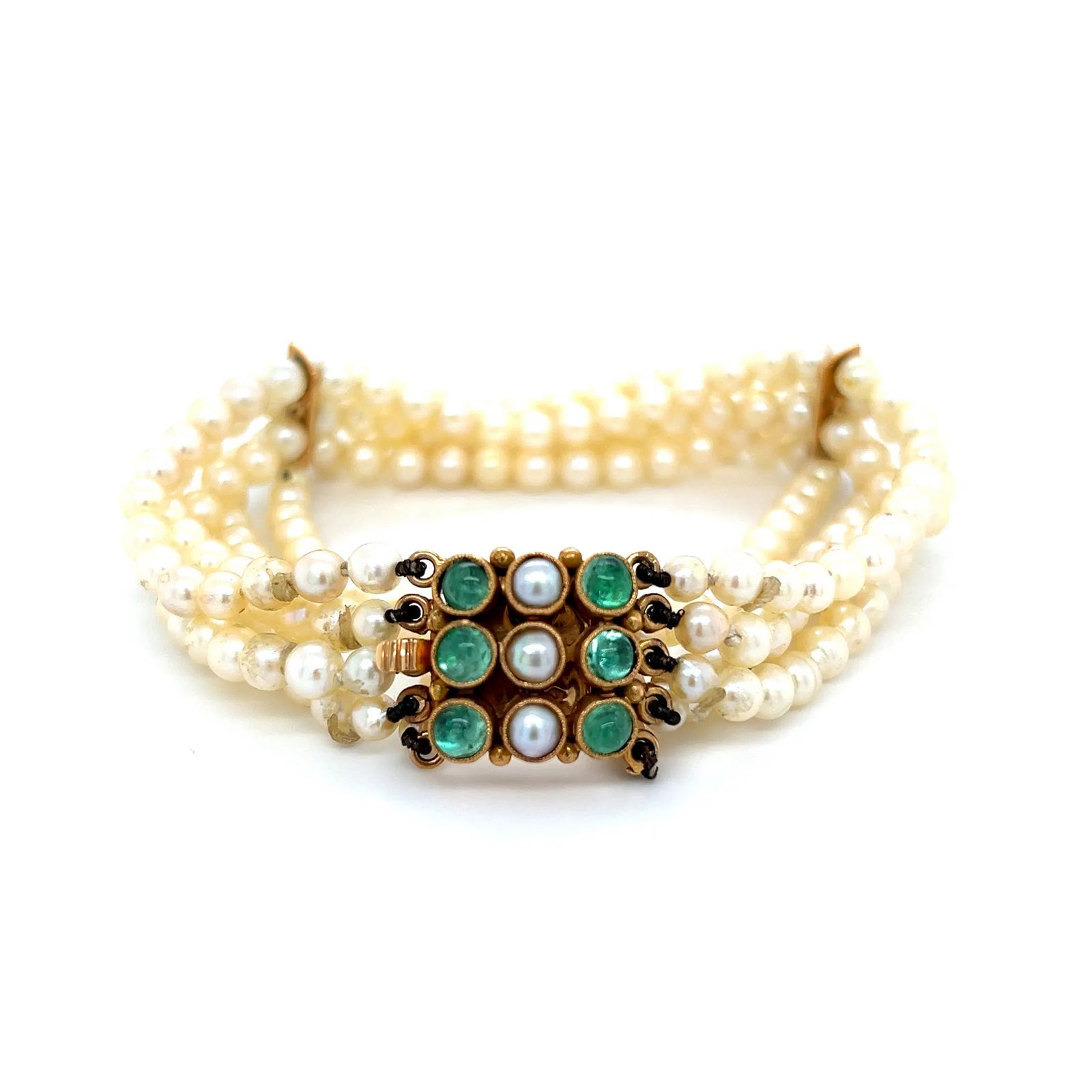 French 18k Gold Pearl Emerald Bracelet (1 of 4)