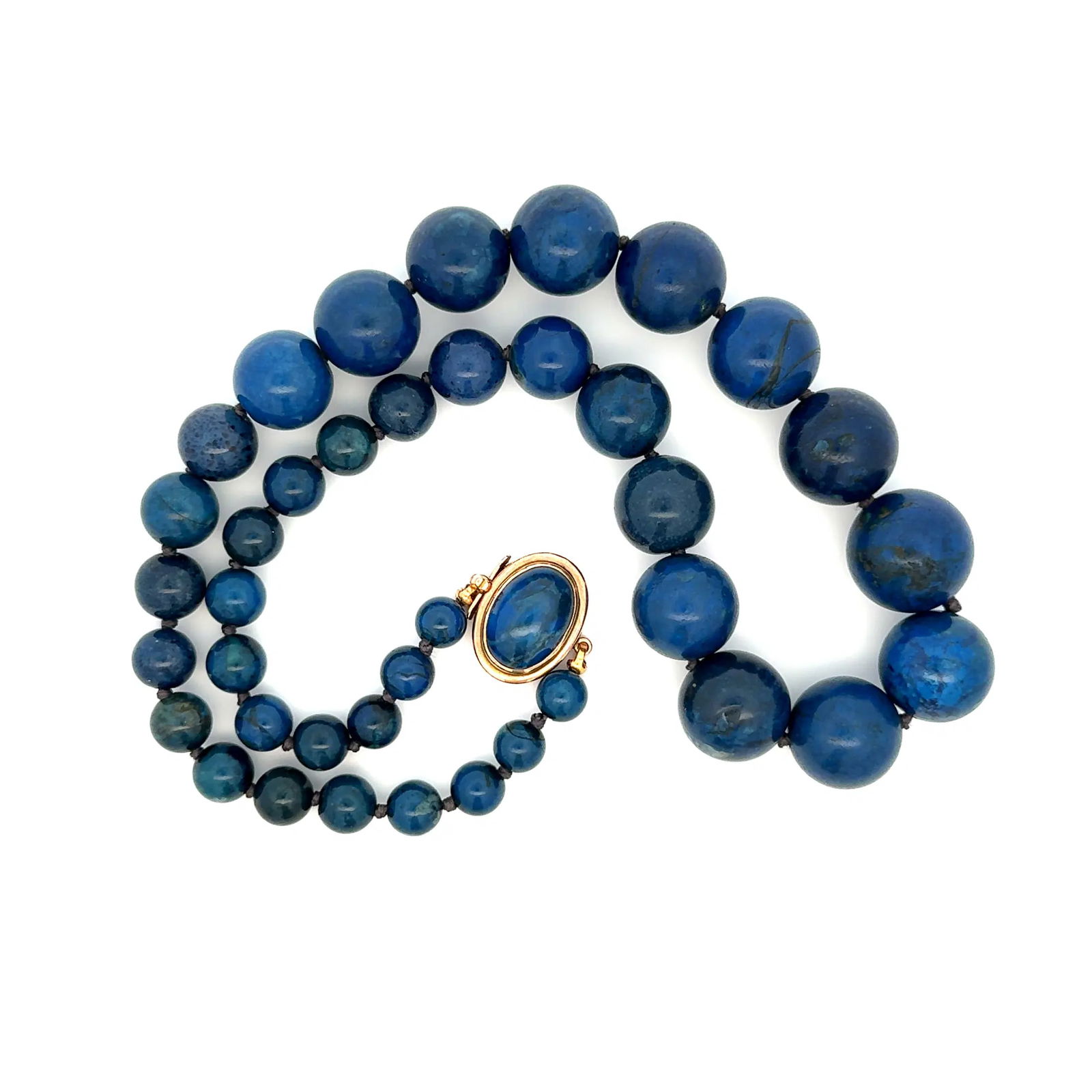 Antique 14k Gold Lapis Bead Necklace: Antique lapis lazuli bead necklace in 14k yellow gold featuring graduated round beads from 16.0mm to 6.9mm, a substantial vintage statement strand. - Graduated lapis lazuli beads: approx. 16.0mm to 6.
