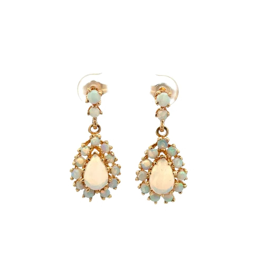 14k Gold White Opal Cluster Earrings: Charming cluster drop earrings featuring 2.00tcw of luminous white opals set in 14k yellow gold, offering vintage elegance with natural iridescence. - White opals, approx. 2.00 total carats - 14k yell