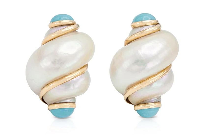 1980s 14k Gold Turquoise Seashell Earrings (1 of 4)