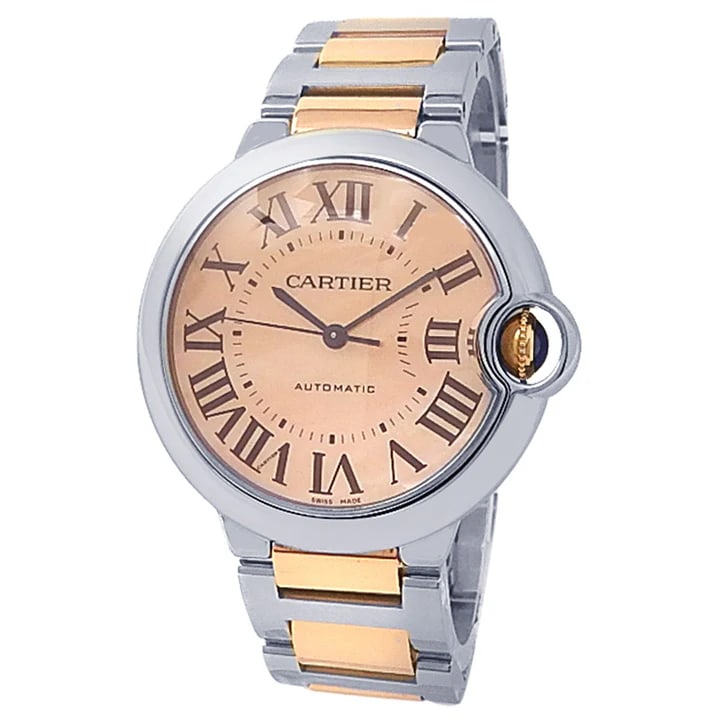 Cartier Ballon Bleu Rose Steel MOP Watch: Cartier Ballon Bleu ladies automatic watch with 18k rose gold and stainless steel case, pink mother of pearl dial, and matching bracelet. Includes authenticity card. - Model: W6920033, automatic movem