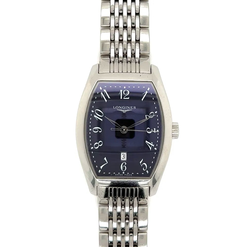 Longines Evidenza Steel Ladies Watch: Longines Evidenza L2.155.4.53.6 ladies quartz watch in polished stainless steel with black dial, Arabic numerals, and complete set including original box and manual. - Case: 26mm x 30.6mm polished sta